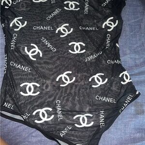 CHANEL Black Sheer Logo Bodysuit with White CC Motifs